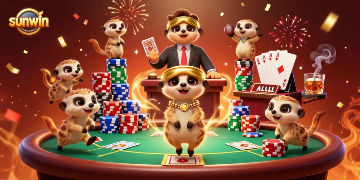 Experience the excitement of sunwin casino with meerkats running games, poker chips, and a festive atmosphere.
