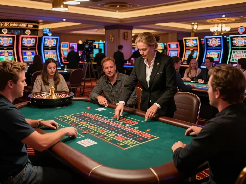 Experience the excitement at https://tr88.bio/ with players engaged at a live roulette table, ambient casino lighting enhancing the atmosphere.