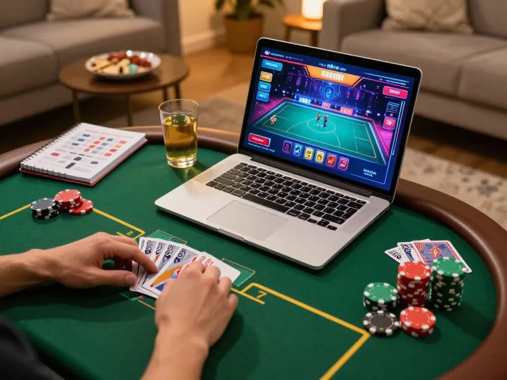 Engaging online poker action with rr88 gaming interface on laptop in cozy living room setting.