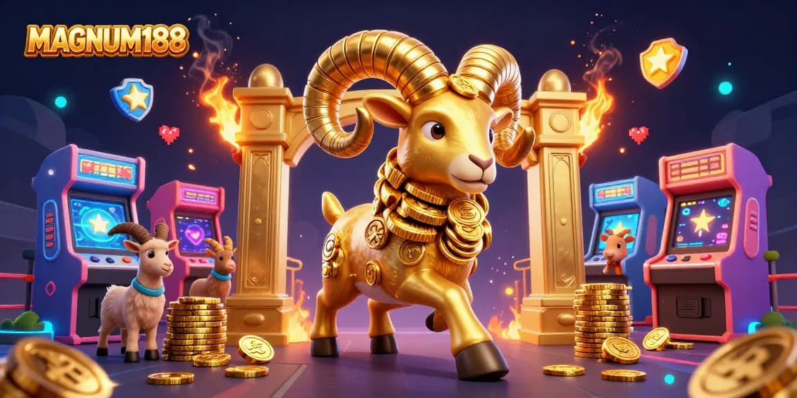 Experience excitement at MAGNUM188 with golden ram characters and vibrant casino game elements.