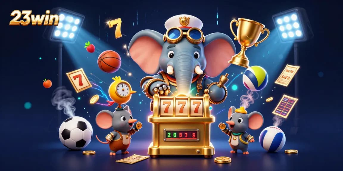 Experience 23win's engaging games with a dynamic illustration showcasing casino excitement and vibrant elements.