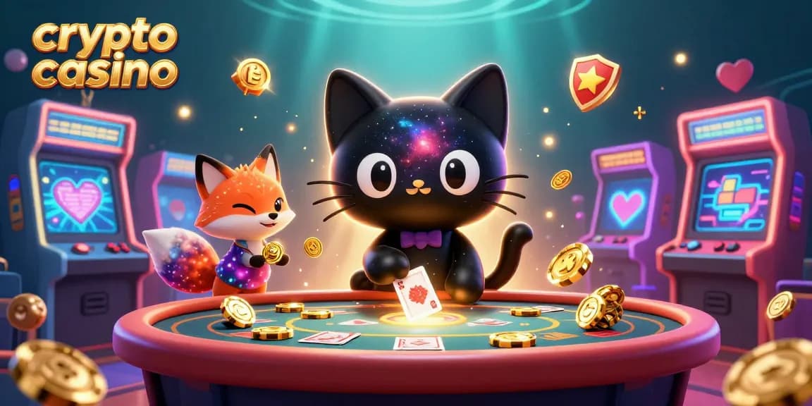Le casino crypto dynamique avec un chat noir dans un trou noir et un renard nébuleux, jouant à des jeux et attirant des jetons d'or.