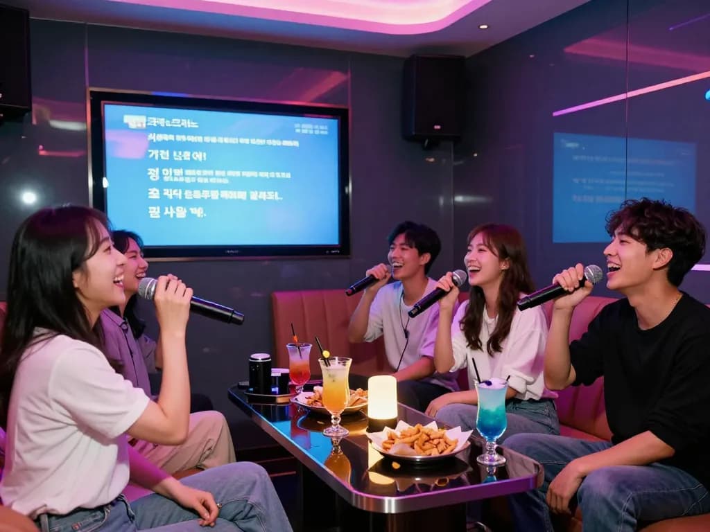 친구들과 함께 음료와 음악을 즐기며 활기찬 프라이빗 라운지에서 서구청쓰리노 노래방의 흥미로운 경험.