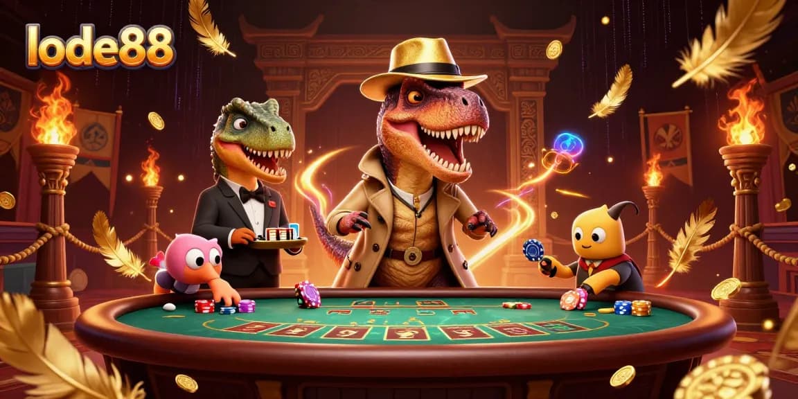 lode88 entertains with a velociraptor card counter and stegosaurus pit boss in a vibrant casino scene.