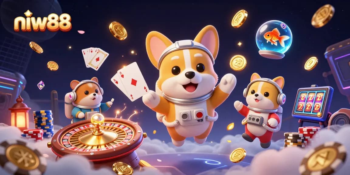 Navigating niw88's exciting casino world, a playful scene with vibrant characters and gambling elements.