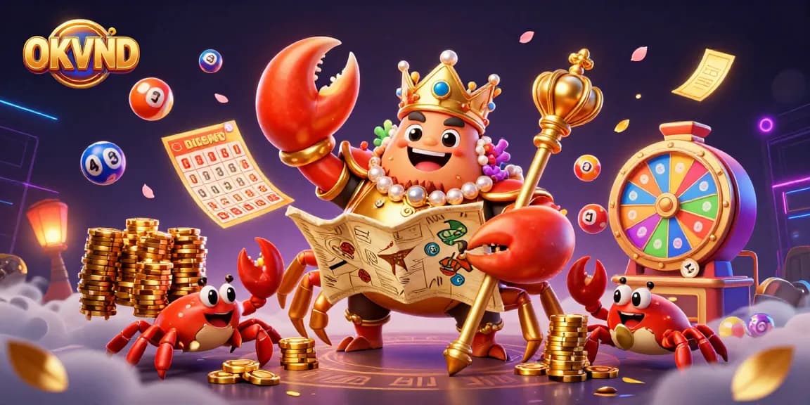 Experience the thrilling world of OKVND with a vibrant 3D illustration showcasing lottery excitement and casino richness.