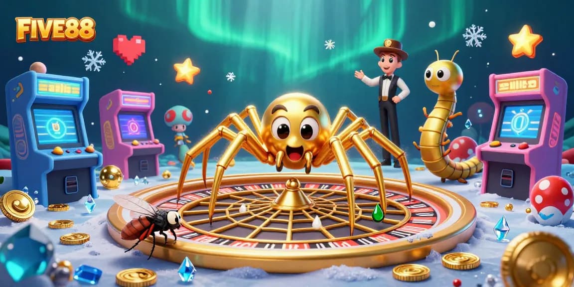 Experience thrilling bets at FIVE88 as a golden spider spins a roulette web in a vibrant casino
