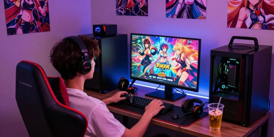 Engaging player enjoying hentai games in a cozy gaming setup