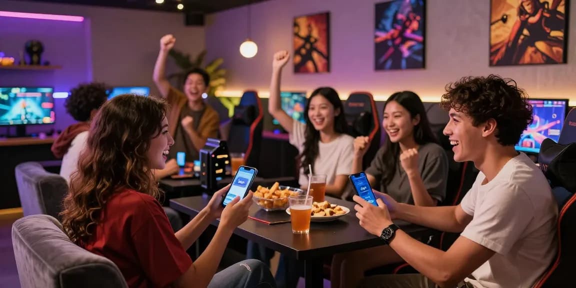 Friends having fun gaming together with the iwin app and colorful graphics in a modern lounge.