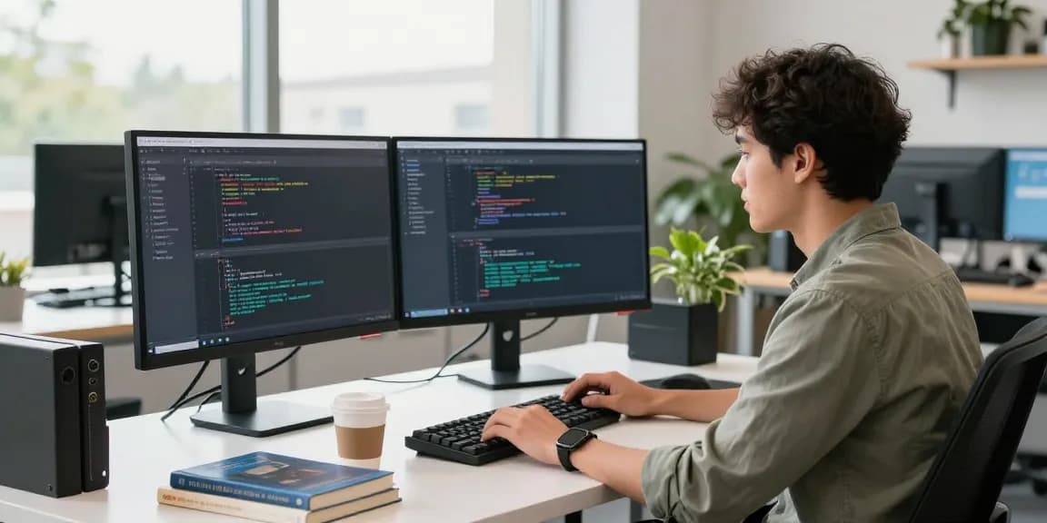 Developer coding the Telegram Download app in a modern tech workspace.