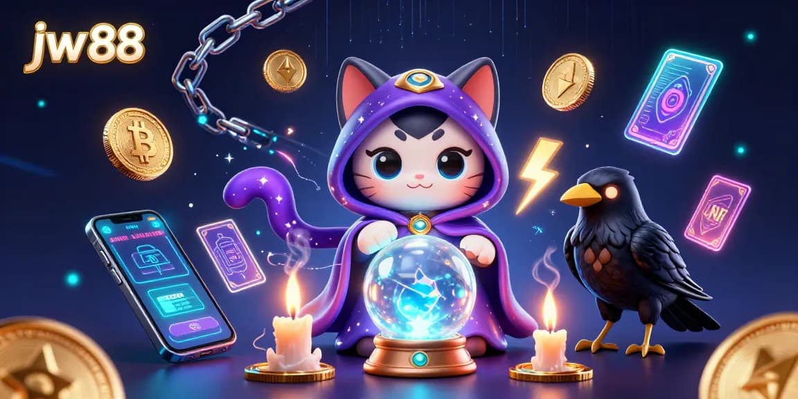 Experience exciting gaming with jw 88, featuring mystic cat, tarot raven, and vibrant crypto elements.