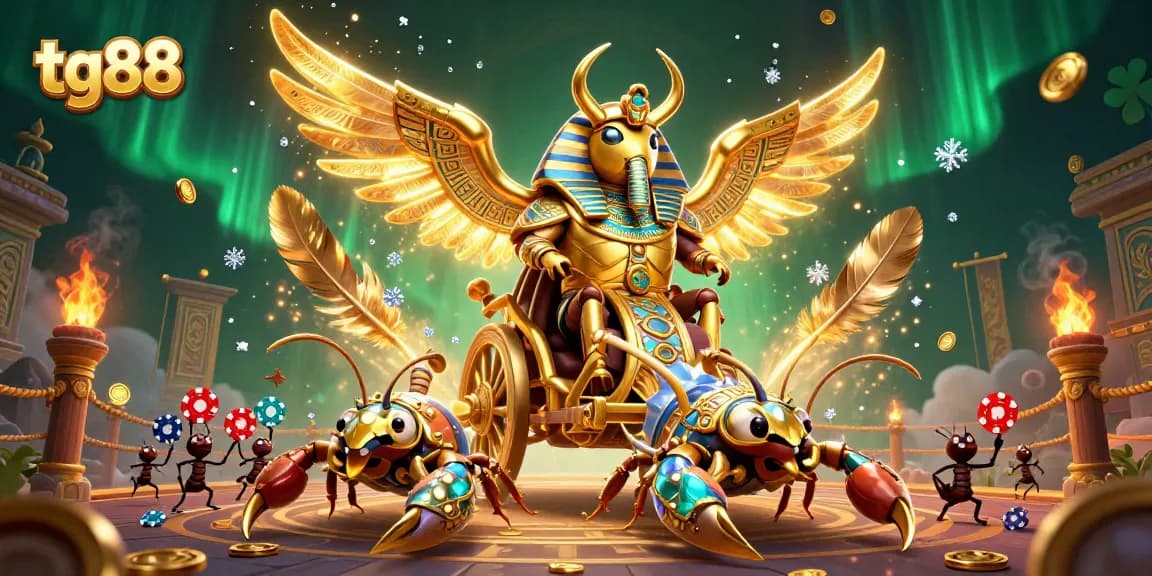 Engage with thrilling games at tg88, featuring a golden scarab beetle chariot scene filled with vibrant casino elements.