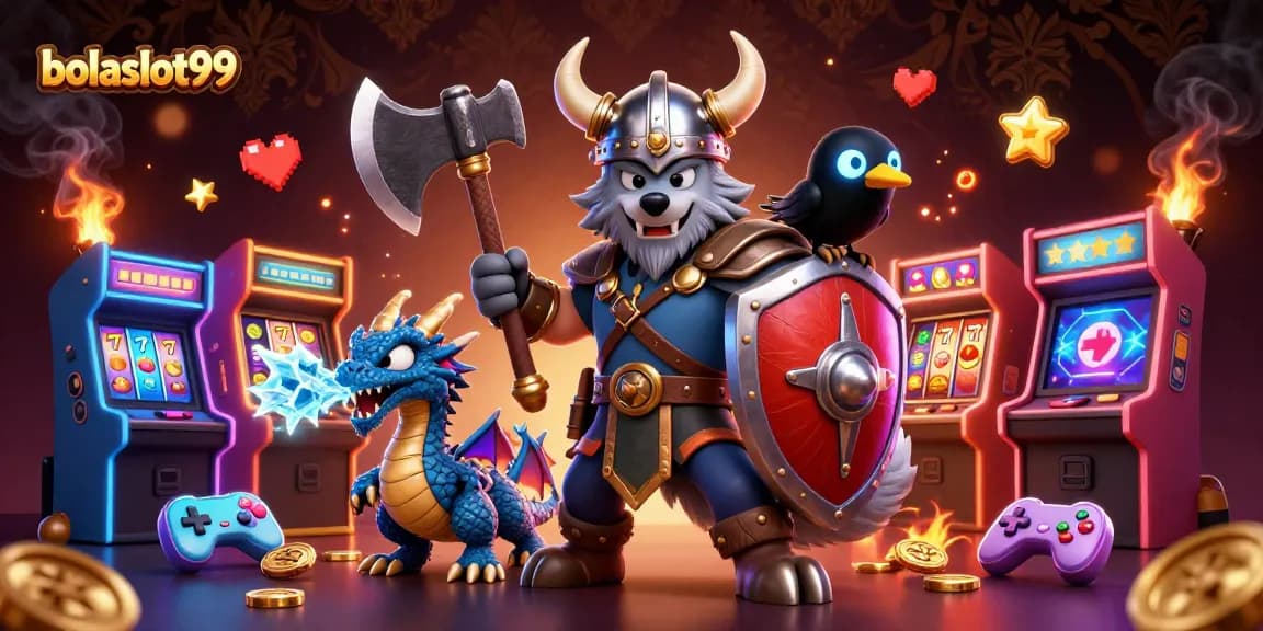 Engage with thrilling slots at bolaslot99 featuring a Viking warrior and dragon in a colorful scene.