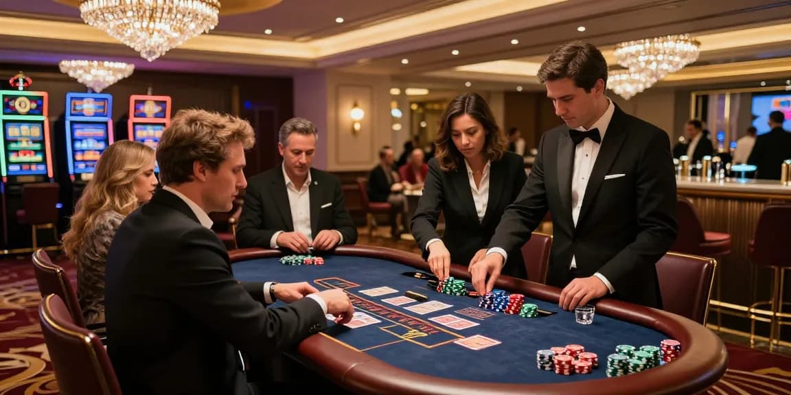 iwin's luxurious casino gaming atmosphere featuring elegant patrons and vibrant gaming tables.