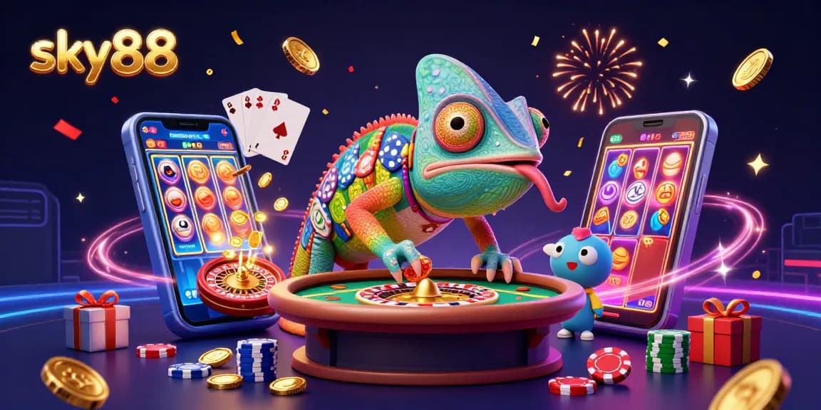 Experience sky88 gaming excitement with a vibrant chameleon casino owner and dynamic slot elements.