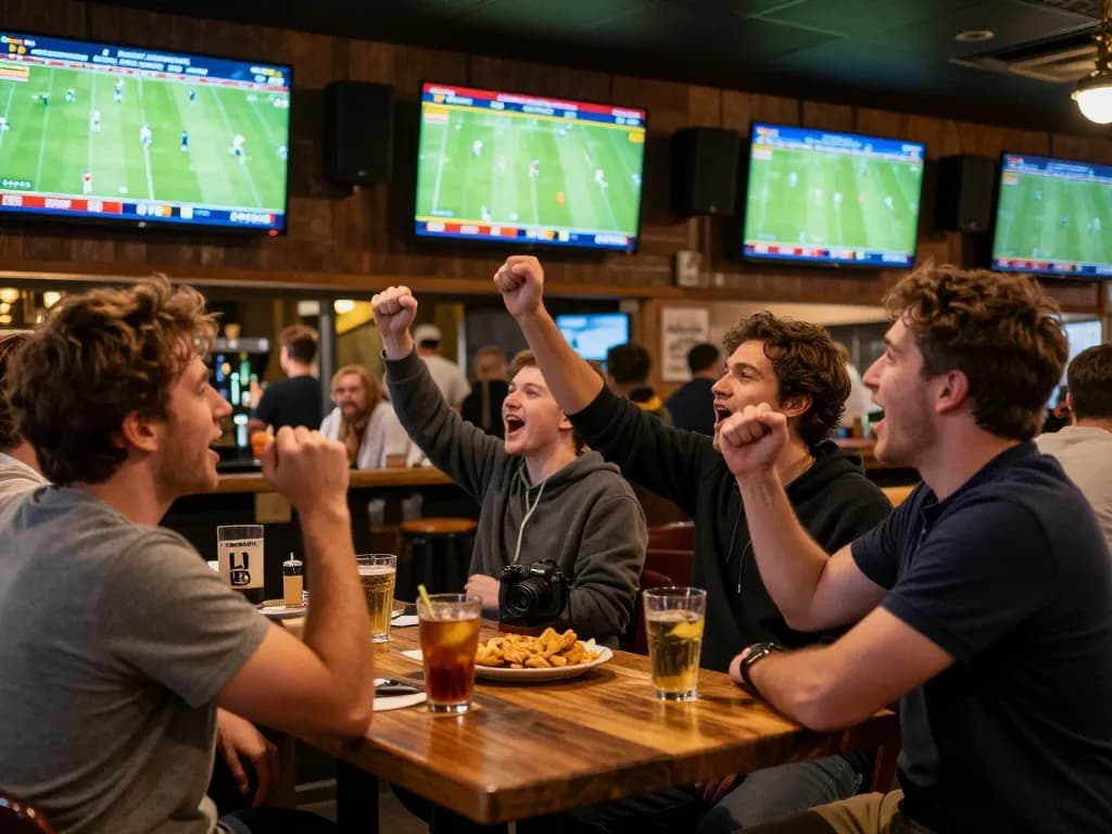 Patrons engaged in sports betting at a vibrant bar, showcasing the excitement of 7m-7m action.