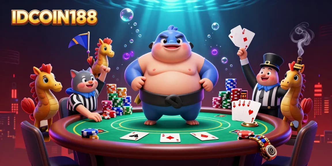 IDCOIN188 brings you a lively underwater poker scene featuring a sumo-style fugu and a wise catfish referee.