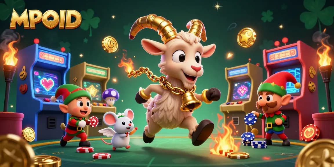 Engage in MPOID with festive Krampus goat and angel mouse managing a chaotic casino.