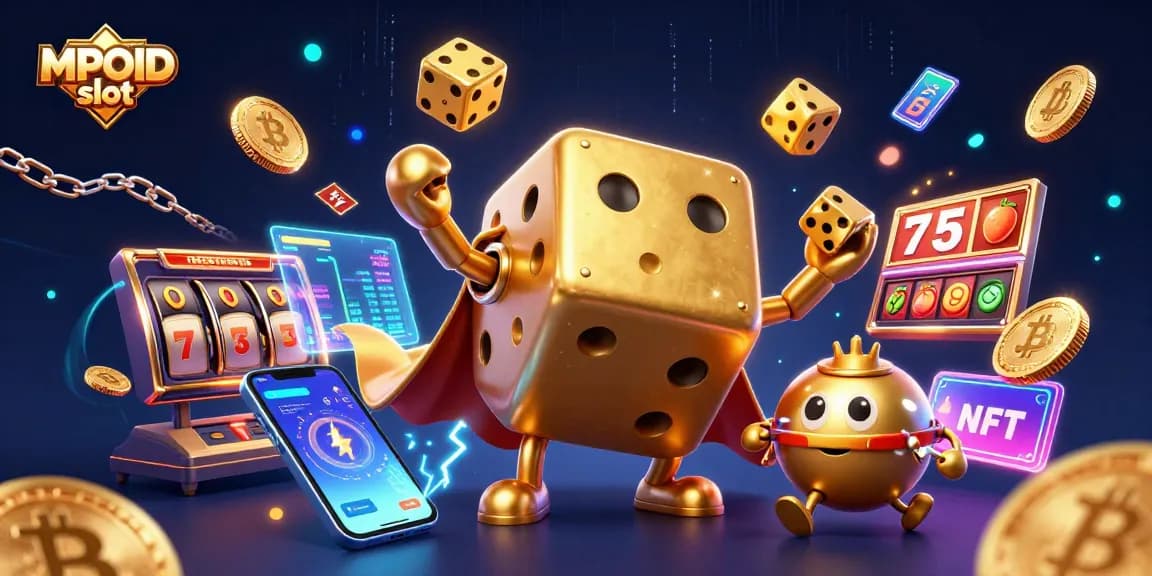 Engage with MPOID slot as the glittering golden dice golem juggles and spins within a vibrant casino scene.