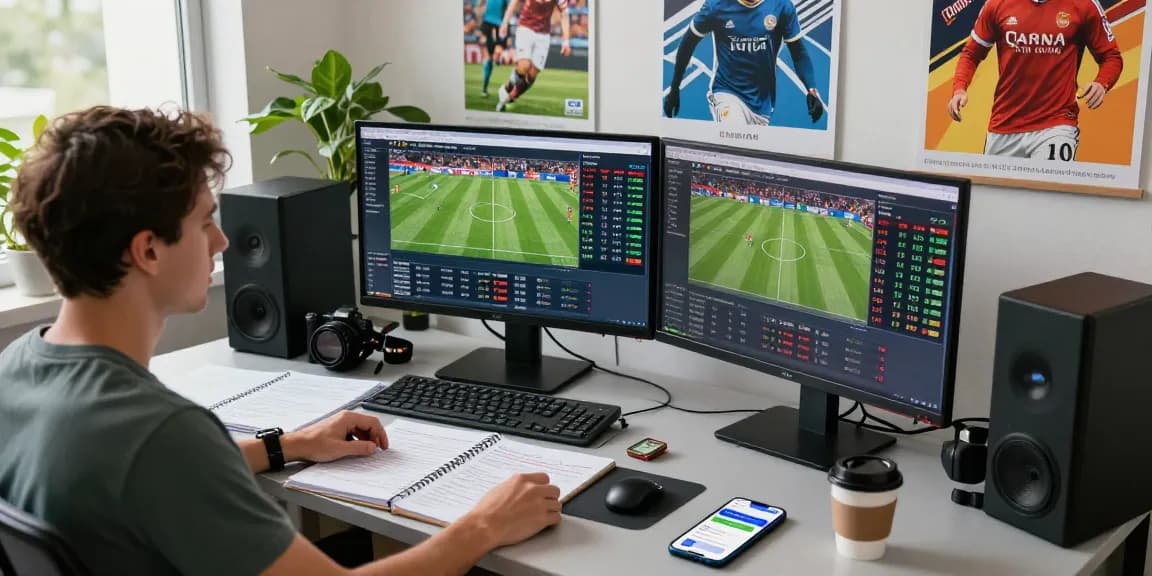 Sports betting analysis at https://soikeonhacai.com.co/ with live odds and statistics displayed on multiple monitors in a modern workspace.