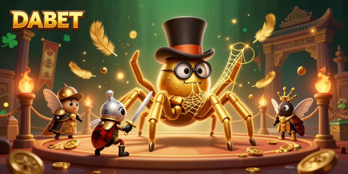 DABET brings excitement with vibrant casino characters engaging in thrilling action amidst golden casino elements.