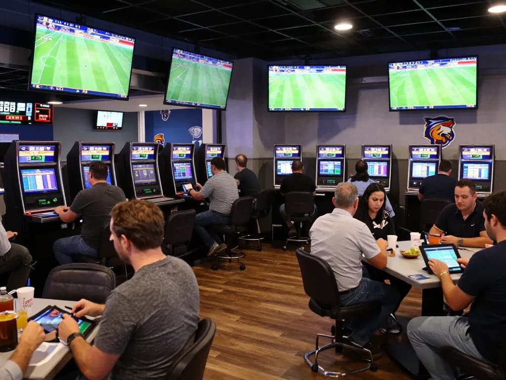 Fans analyzing tỷ lệ kèo nhà cái 5 while placing bets in a vibrant sports betting lounge