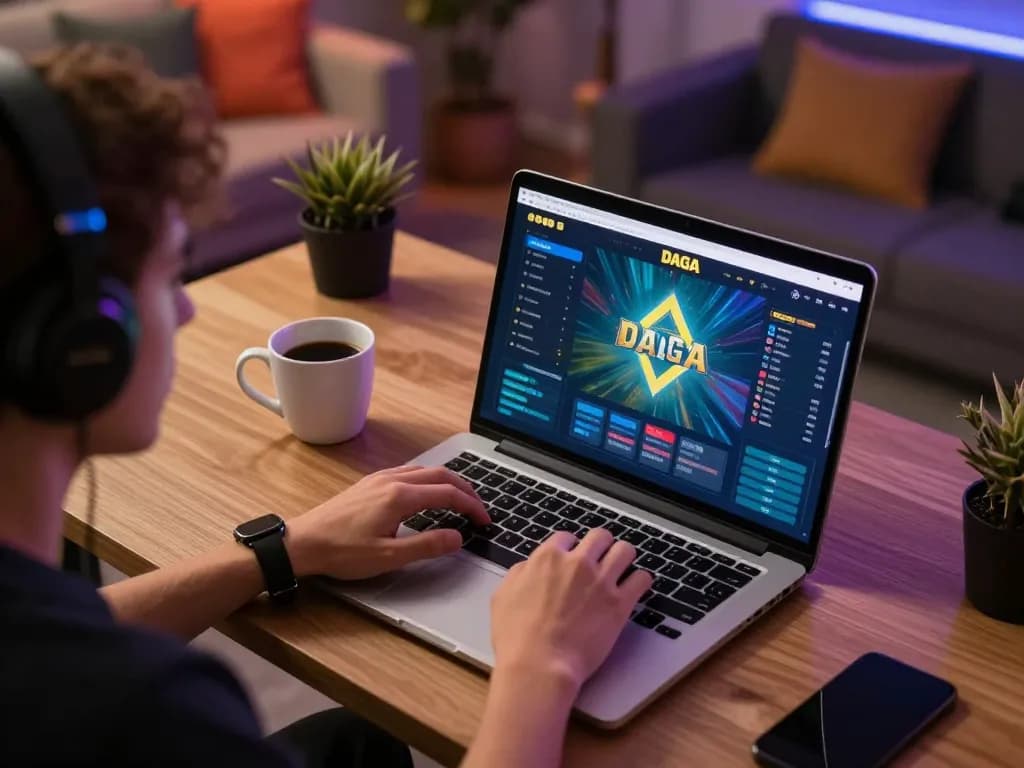 Engaged player uses dagago app on laptop, showcasing online betting excitement and strategy in a modern home setup.