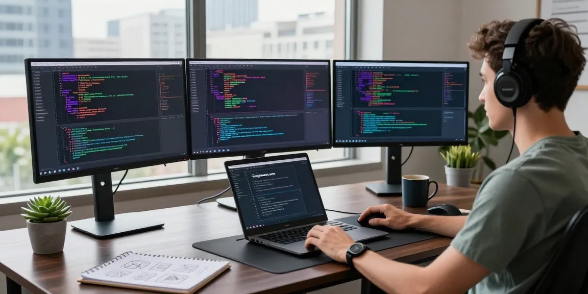 Tech workspace showcasing coding on telegraimin.com with vibrant monitors and urban view.