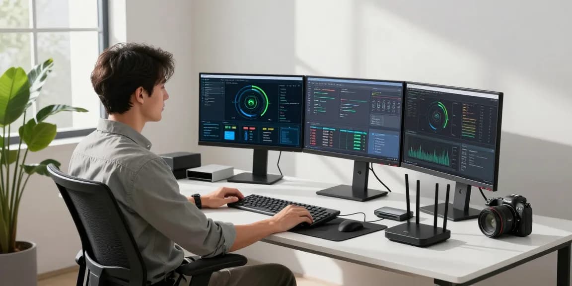 快连 software workspace with network performance analytics, professional developer working with multiple monitors.