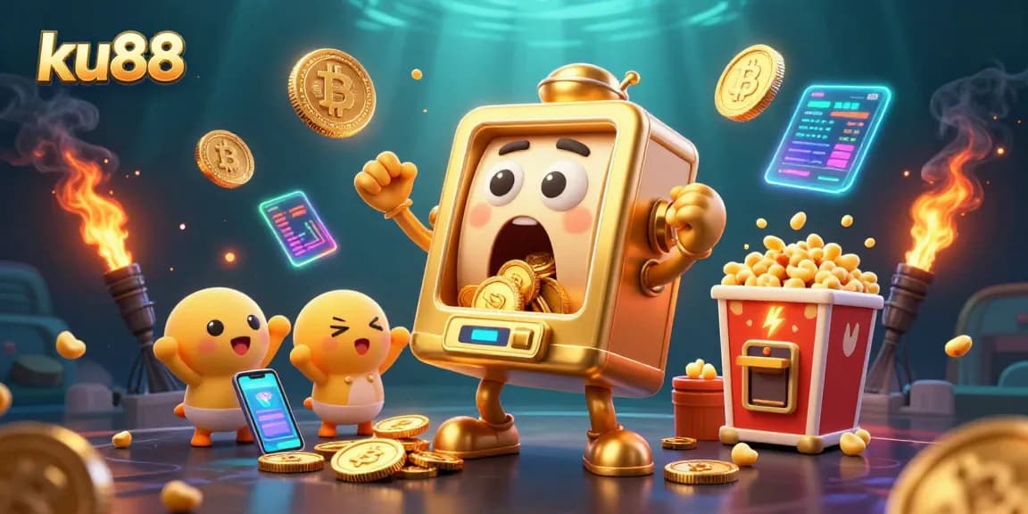ku88's golden slot machine celebrates a jackpot while cheering companions surround it; crypto elements abound.