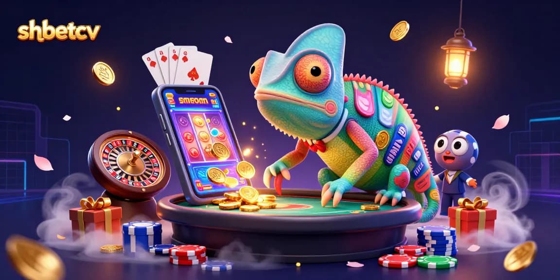 Experience the shbetcv casino world with a vibrant chameleon owner surrounded by dynamic gaming elements.