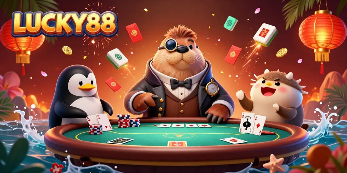 Join the action at LUCKY88 with this vibrant underwater poker scene featuring detailed characters and casino elements.