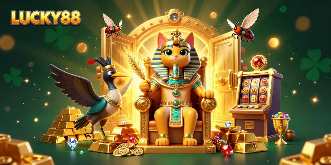 Play exciting LUCKY88 slot with an Egyptian-themed illustration featuring treasures, gold, and characters.