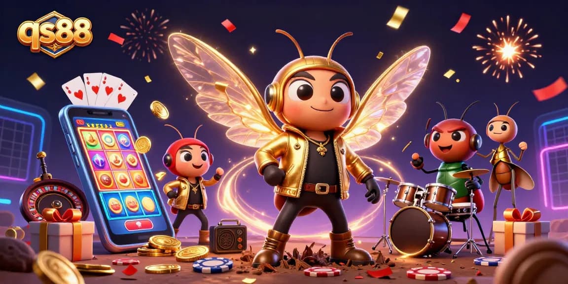 Engage with the thrilling qs88 world of gambling, featuring a rock star cicada amidst colorful slots and casino elements.