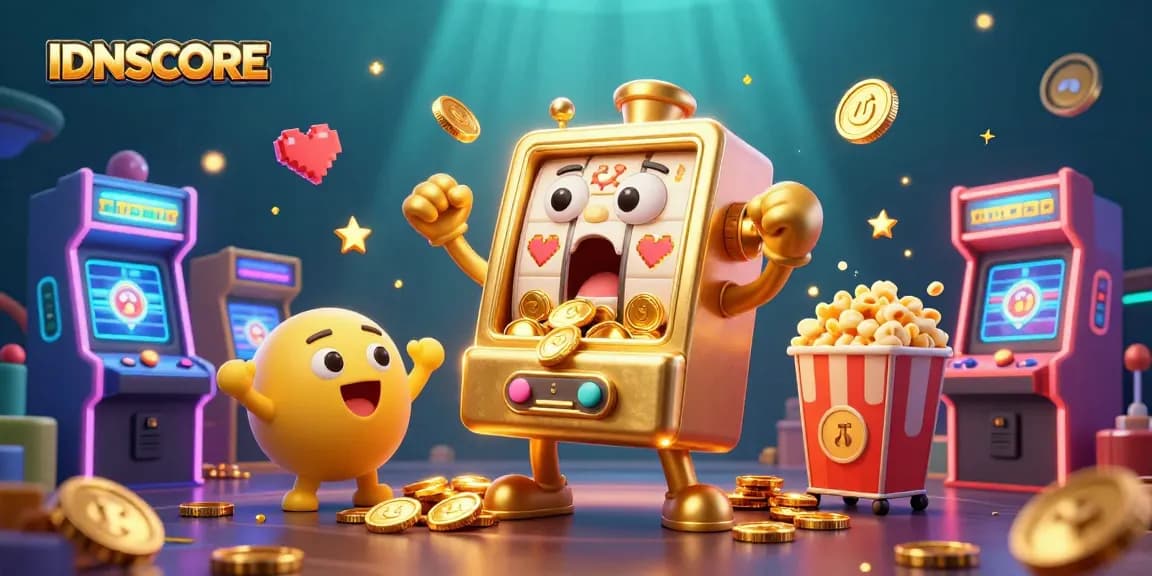 Experience the thrill of IDNSCORE with a jackpot-winning slot machine illustration filled with vibrant gaming elements.