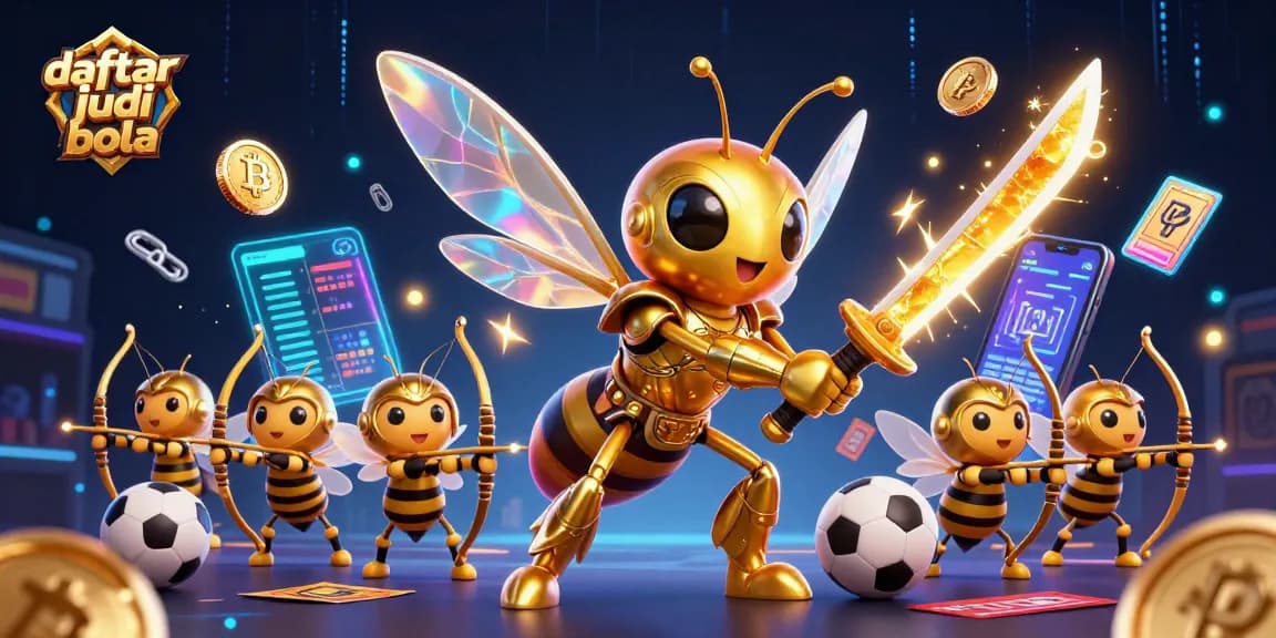 Bettors review daftar judi bola with a dynamic 3D illustration showcasing sports elements and crypto themes.