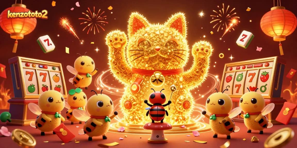 Kenzototo2 menunjukkan simbol keberuntungan dan slot judi memikat dalam ilustrasi festival