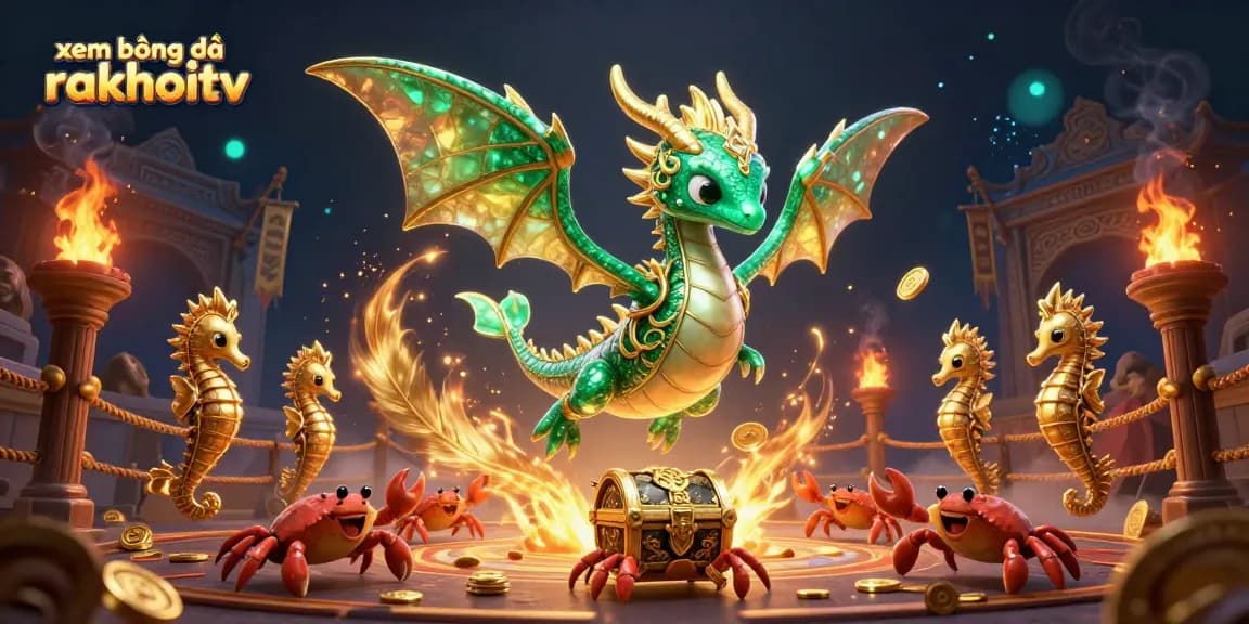 Betting on xem bóng đá rakhoitv, showcasing a vibrant 3D illustration of a sea dragon, gold coins, and ember effects.