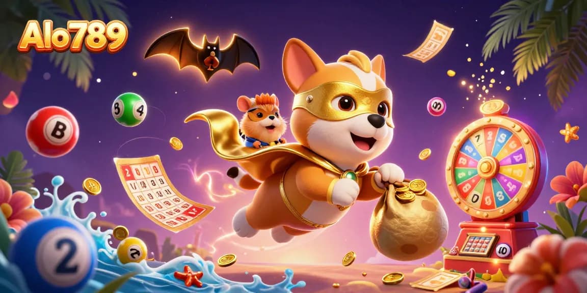Alo 789 soars while winning big with a superhero dog, showcasing a vibrant casino scene filled with excitement.
