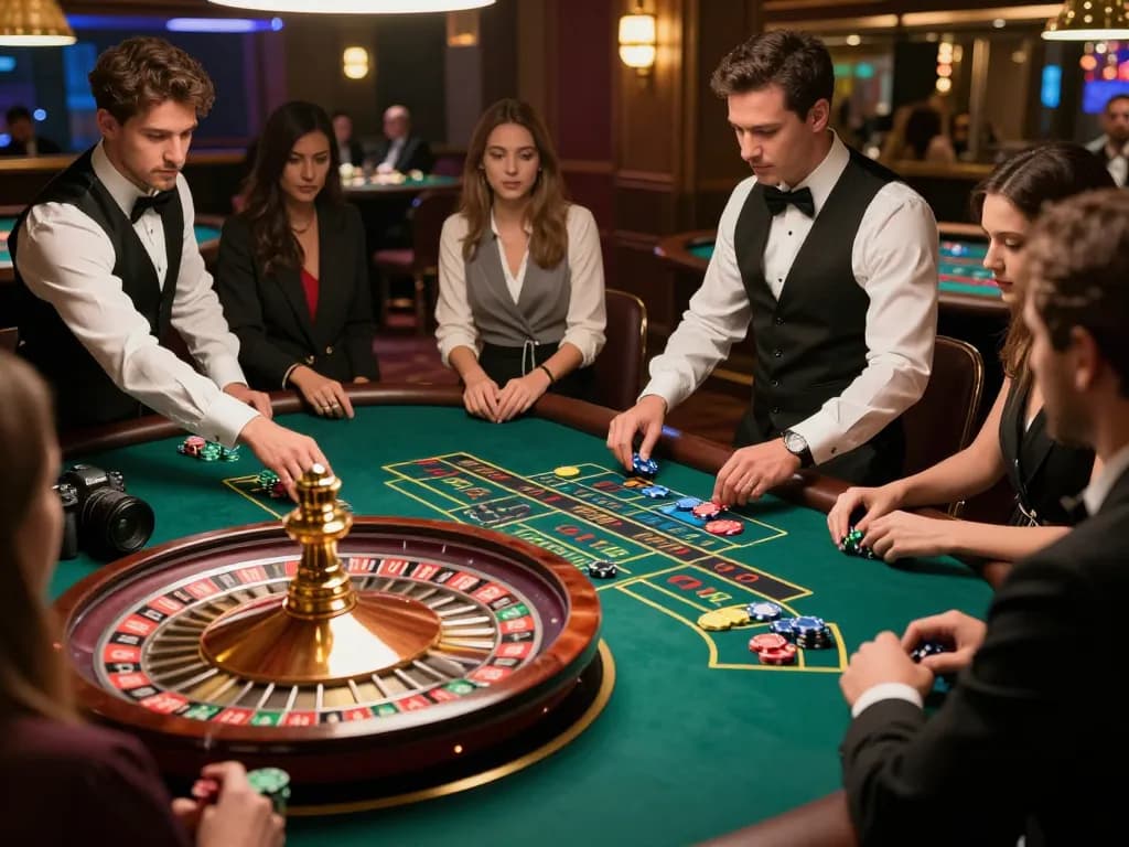RR88 players engaging in an intense roulette game at a luxurious casino with vibrant atmosphere