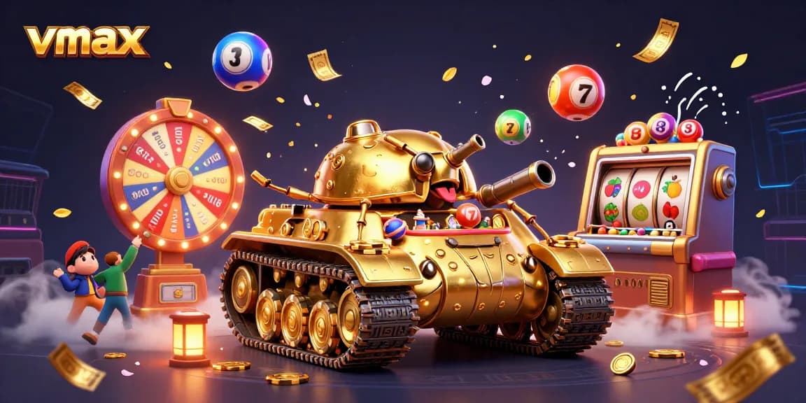 Experience vmax casino excitement with a golden beetle tank revealing a miniature casino surrounded by vibrant lottery elements.