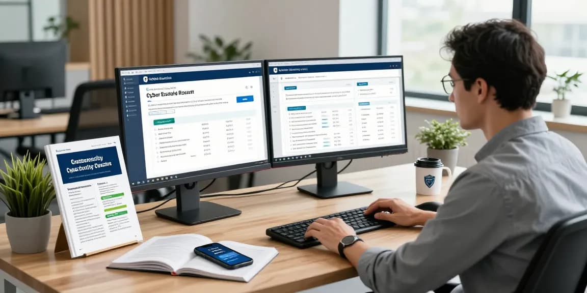 Cyber Essentials questionnaire review in a modern cybersecurity office, with metrics on dual monitors and compliance materials.