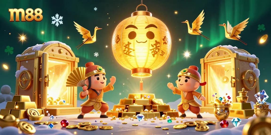 Experience the excitement of m88 casinos with a vibrant illustration of lucky symbols and treasure effects.