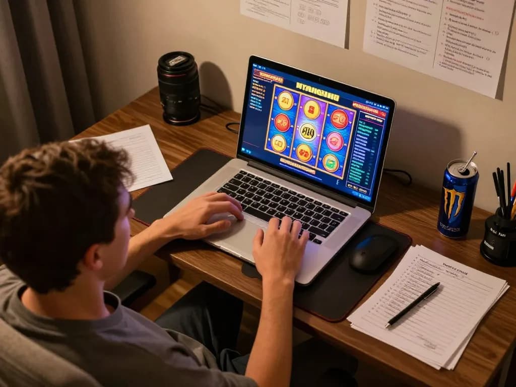 Engaging gameplay on lc88 com displayed on a laptop, highlighting colorful slots in a cozy home setting.
