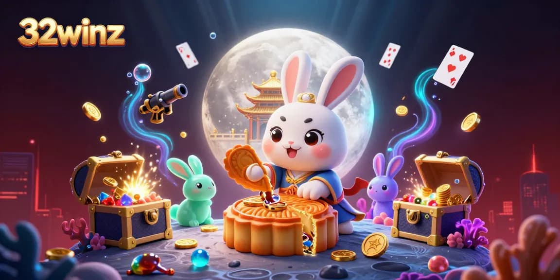Experience thrilling gaming at 32winz with a vibrant 3D illustration of luck and adventure.
