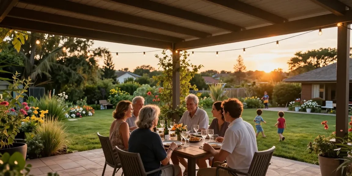 Genießen Sie ein Abendessen unter der freistehenden Terrassenüberdachung in einem wunderschönen Garten.