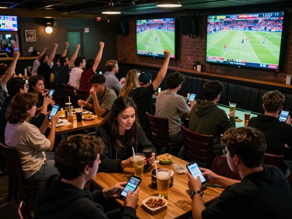 Fans actively betting in a lively sports bar, showcasing the excitement of kèo nhà cái.