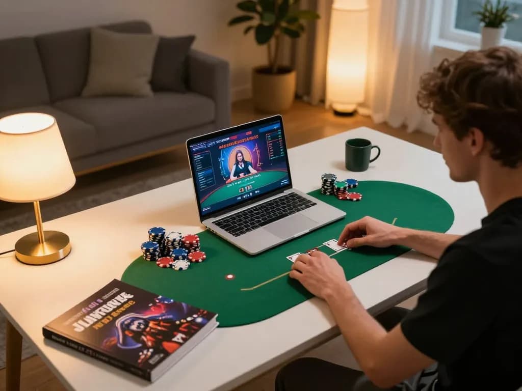Player experiencing engaging poker gameplay on 79win with strategic notes visible in a cozy home setup