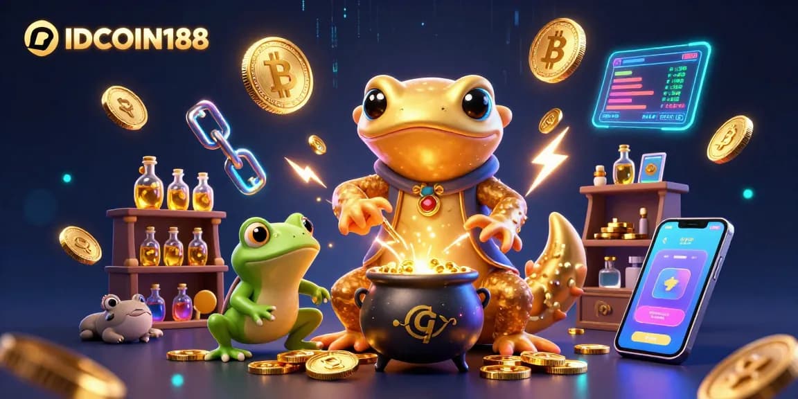 Engage in thrilling crypto gaming with IDCOIN188, showcasing vibrant 3D alchemy and casino elements