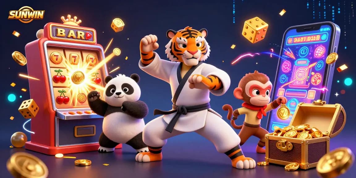 SUNWIN casino adventure with a kung fu tiger master, panda disciple, and monkey student amidst vibrant slot machines and golden treasures.